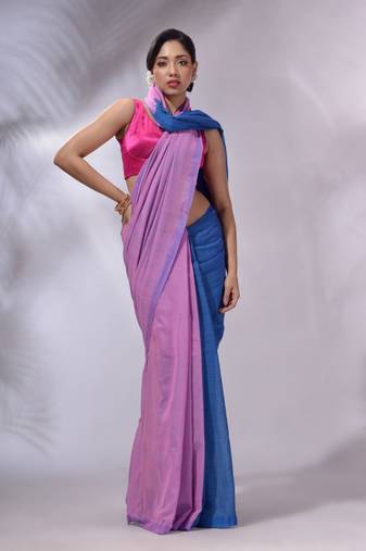 Lilac And Sapphire Blue Cotton Handwoven Patli Pallu Saree