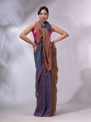 Aegean Blue And Ochre Yellow Cotton Handwoven Patli Pallu Saree 1