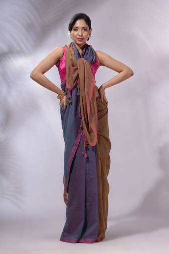 Aegean Blue And Ochre Yellow Cotton Handwoven Patli Pallu Saree