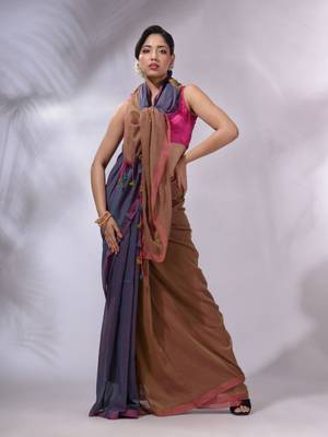 Aegean Blue And Ochre Yellow Cotton Handwoven Patli Pallu Saree 2