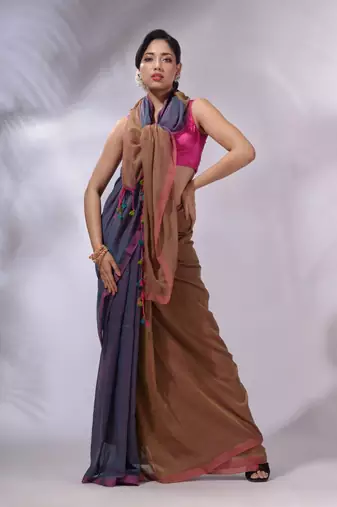 Aegean Blue And Ochre Yellow Cotton Handwoven Patli Pallu Saree
