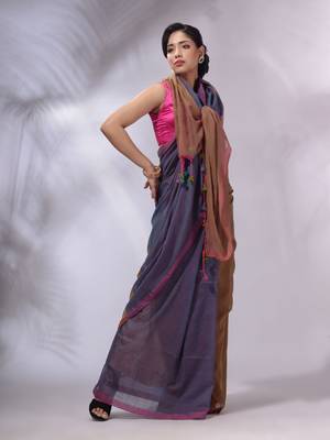 Aegean Blue And Ochre Yellow Cotton Handwoven Patli Pallu Saree 3