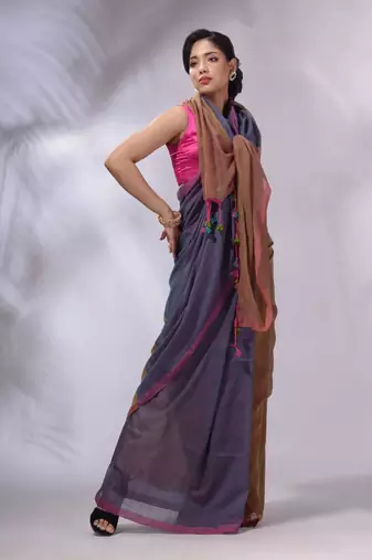 Aegean Blue And Ochre Yellow Cotton Handwoven Patli Pallu Saree