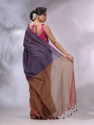 Aegean Blue And Ochre Yellow Cotton Handwoven Patli Pallu Saree 4