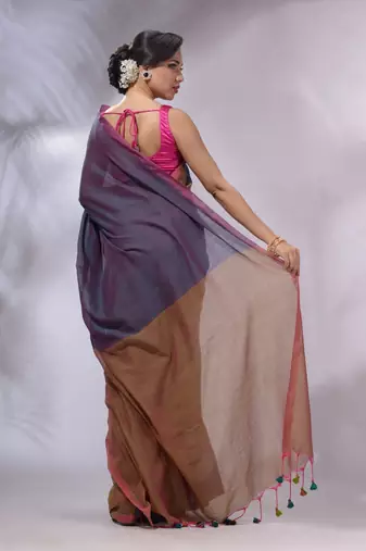 Aegean Blue And Ochre Yellow Cotton Handwoven Patli Pallu Saree