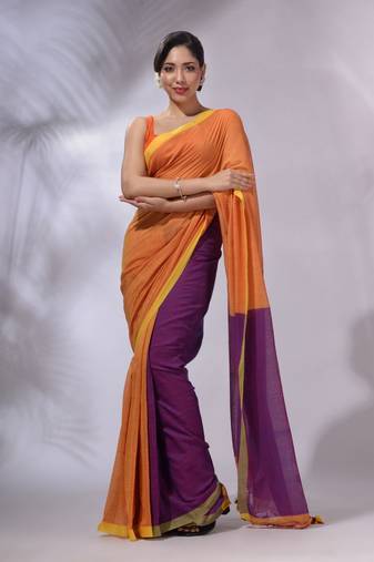 Honey Yellow And Violet Cotton Handwoven Patli Pallu Saree