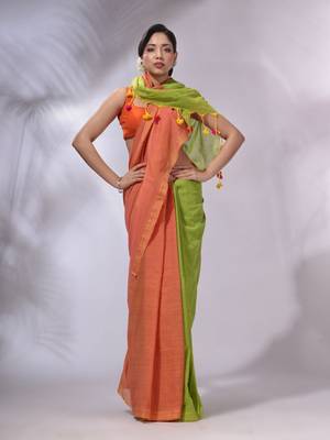 Orange And Parrot Green Cotton Handwoven Patli Pallu Saree 1