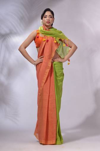Orange And Parrot Green Cotton Handwoven Patli Pallu Saree