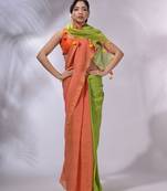 Orange And Parrot Green Cotton Handwoven Patli Pallu Saree