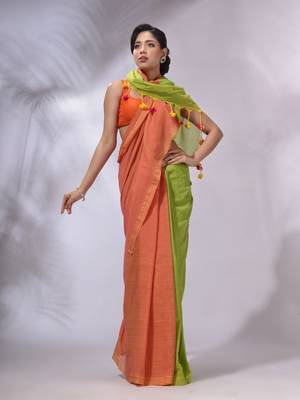 Orange And Parrot Green Cotton Handwoven Patli Pallu Saree 2