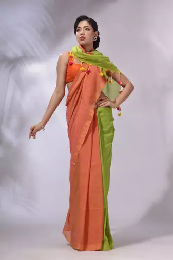 Orange And Parrot Green Cotton Handwoven Patli Pallu Saree