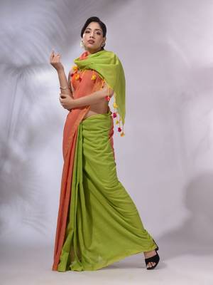 Orange And Parrot Green Cotton Handwoven Patli Pallu Saree 3