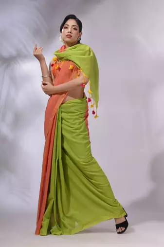 Orange And Parrot Green Cotton Handwoven Patli Pallu Saree