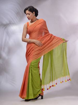 Orange And Parrot Green Cotton Handwoven Patli Pallu Saree 4