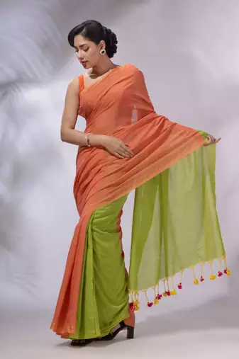 Orange And Parrot Green Cotton Handwoven Patli Pallu Saree