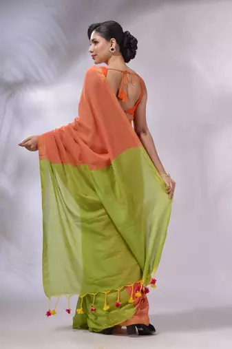Orange And Parrot Green Cotton Handwoven Patli Pallu Saree