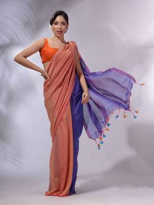 Peach And Blue Cotton Handwoven Patli Pallu Saree 1