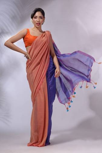 Peach And Blue Cotton Handwoven Patli Pallu Saree