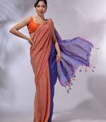 Peach And Blue Cotton Handwoven Patli Pallu Saree