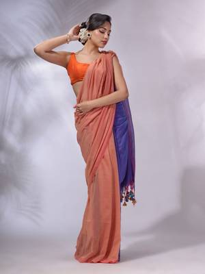 Peach And Blue Cotton Handwoven Patli Pallu Saree 2