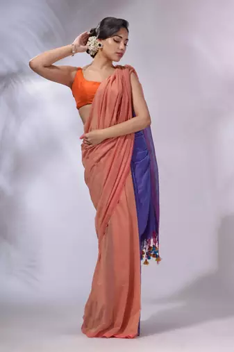 Peach And Blue Cotton Handwoven Patli Pallu Saree