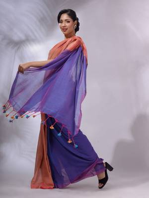 Peach And Blue Cotton Handwoven Patli Pallu Saree 3