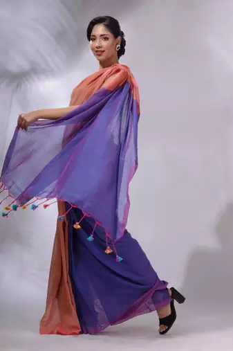 Peach And Blue Cotton Handwoven Patli Pallu Saree