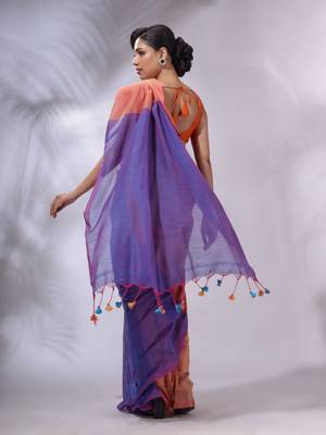 Peach And Blue Cotton Handwoven Patli Pallu Saree 4