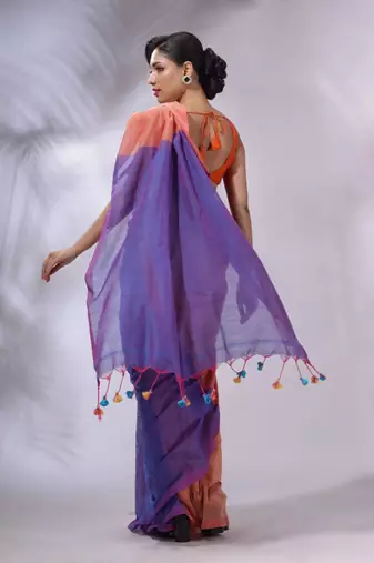 Peach And Blue Cotton Handwoven Patli Pallu Saree