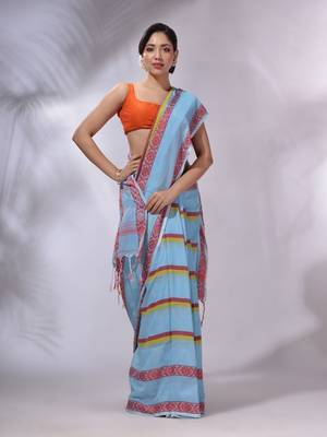 Sky Blue Cotton Handwoven Saree With Stripes Pattern 1