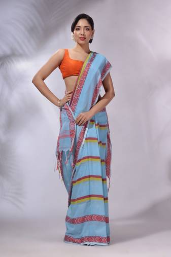 Sky Blue Cotton Handwoven Saree With Stripes Pattern