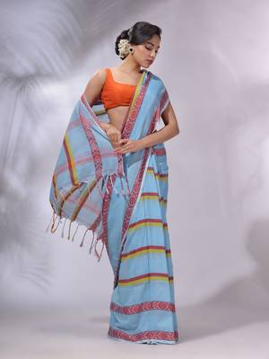Sky Blue Cotton Handwoven Saree With Stripes Pattern 2