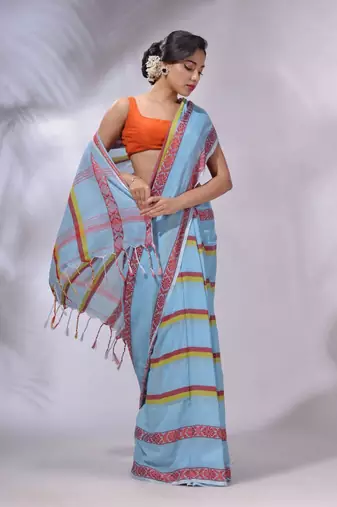 Sky Blue Cotton Handwoven Saree With Stripes Pattern