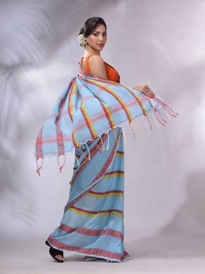 Sky Blue Cotton Handwoven Saree With Stripes Pattern 3