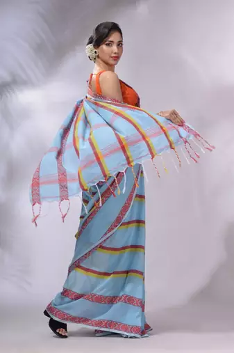 Sky Blue Cotton Handwoven Saree With Stripes Pattern
