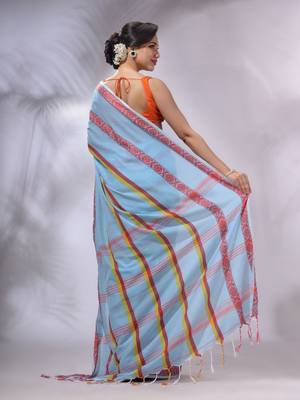 Sky Blue Cotton Handwoven Saree With Stripes Pattern 4