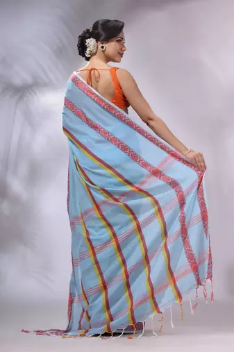 Sky Blue Cotton Handwoven Saree With Stripes Pattern