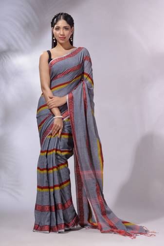 Grey Cotton Handwoven Saree With Stripes Pattern