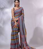 Grey Cotton Handwoven Saree With Stripes Pattern
