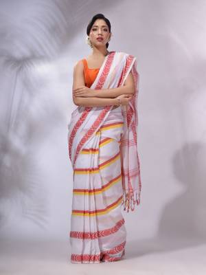 White Cotton Handwoven Saree With Stripes Pattern 1