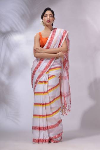 White Cotton Handwoven Saree With Stripes Pattern