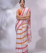 White Cotton Handwoven Saree With Stripes Pattern