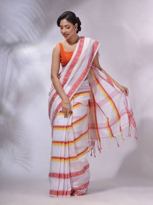 White Cotton Handwoven Saree With Stripes Pattern 2