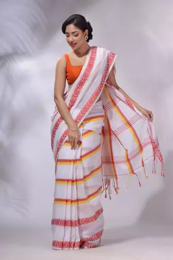 White Cotton Handwoven Saree With Stripes Pattern