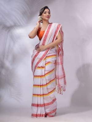 White Cotton Handwoven Saree With Stripes Pattern 3