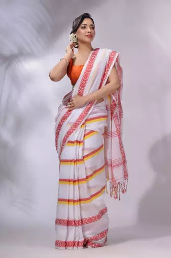 White Cotton Handwoven Saree With Stripes Pattern