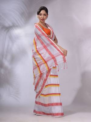 White Cotton Handwoven Saree With Stripes Pattern 4