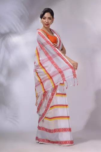 White Cotton Handwoven Saree With Stripes Pattern