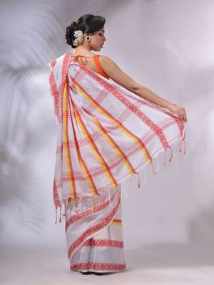 White Cotton Handwoven Saree With Stripes Pattern 5
