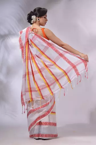 White Cotton Handwoven Saree With Stripes Pattern